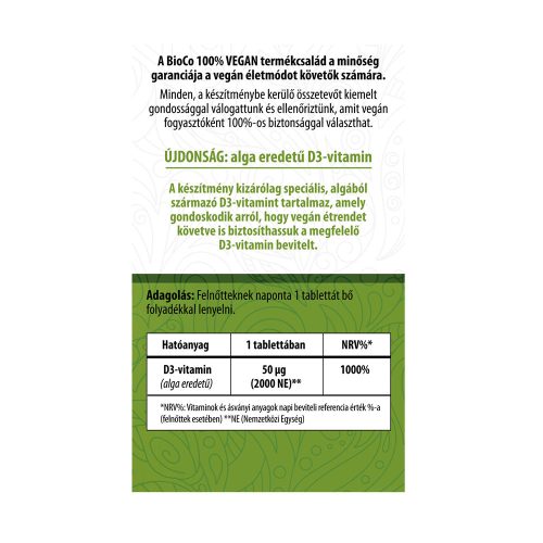 BIOCO 100% Vegan alga D3 vitamin 2000 NE tabletta (60db)