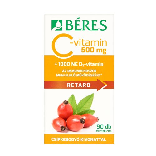 BÉRES C-vitamin 500mg csipkebogyó kivonattal + 1000 NE D3-vitamin retard filmtabletta (90db)