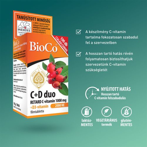 BIOCO C+D duo retard C-vitamin 1000mg + D3-vitamin 2000 NE filmtabletta (100db)